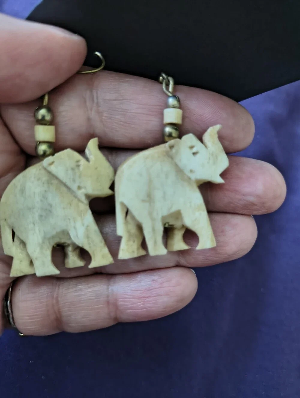Beautiful Hand Carved Bone Elephant Dangle Earrings. Estate Find. So Nice!
